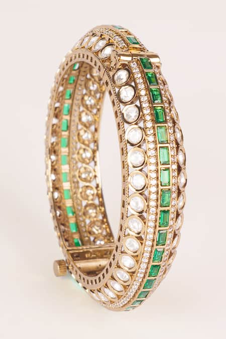 Buy_Zevar By Geeta_Green Stones, Crystals, Faux Diamonds Two Kundan Polki Bangles - Set Of 2 _Online_at_Aza_Fashions