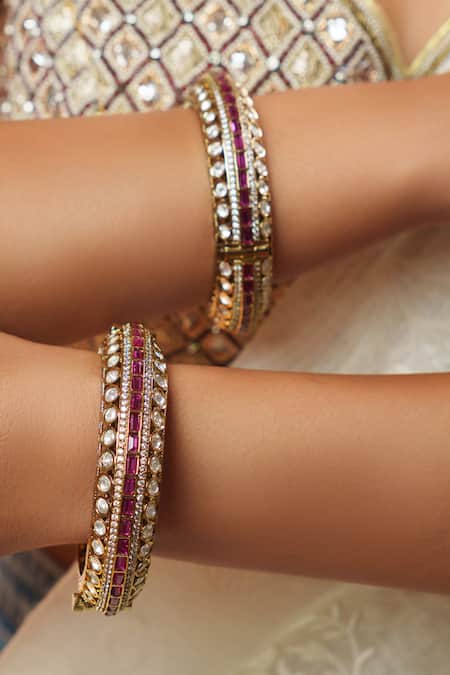 Zevar By Geeta_Gold Plated Stones, Crystals Two Kundan Polki Bangles - Set Of 2 _Online_at_Aza_Fashions