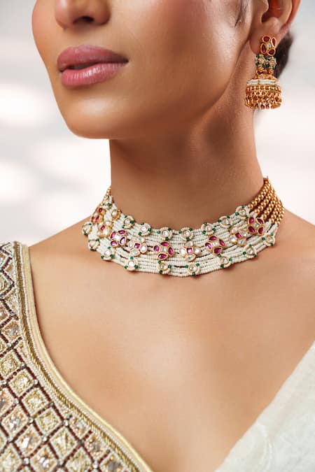 Shop_Zevar By Geeta_Multi Color Pearls, Stones Kundan Embellished Necklace Set _Online_at_Aza_Fashions