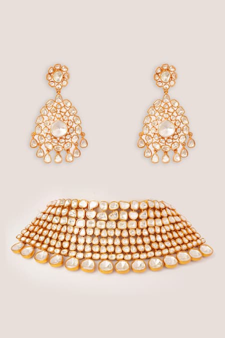Shop Zevar By Geeta Gold Plated Gemstones, Moissanite Embellished Necklace Set at Aza Fashions Shop_Zevar By Geeta_Gold Plated Gemstones, Moissanite Embellished Necklace Set _at_Aza_Fashions