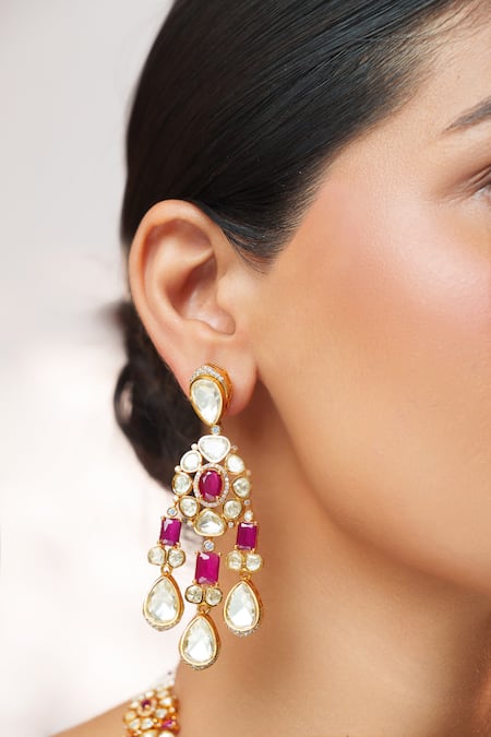 Zevar By Geeta Gold Plated Stones, Crystals Moissanite Long Pendant Necklace Set Online at Aza Fashions Zevar By Geeta_Gold Plated Stones, Crystals Moissanite Long Pendant Necklace Set _Online_at_Aza_Fashions