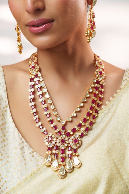 Shop Zevar By Geeta Gold Plated Stones, Crystals Moissanite Long Pendant Necklace Set Online at Aza Fashions Shop_Zevar By Geeta_Gold Plated Stones, Crystals Moissanite Long Pendant Necklace Set _Online_at_Aza_Fashions