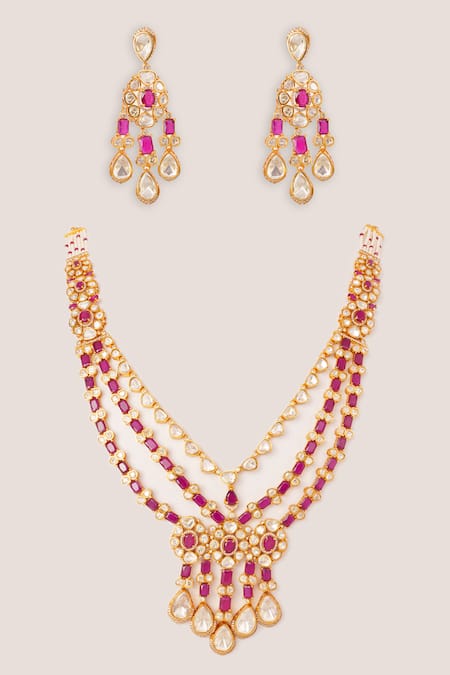 Shop Zevar By Geeta Gold Plated Stones, Crystals Moissanite Long Pendant Necklace Set at Aza Fashions Shop_Zevar By Geeta_Gold Plated Stones, Crystals Moissanite Long Pendant Necklace Set _at_Aza_Fashions