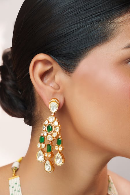 Zevar By Geeta_Gold Plated Stones, Crystals Moissanite Long Pendant Necklace Set _Online_at_Aza_Fashions