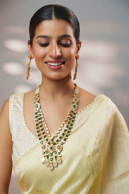 Buy_Zevar By Geeta_Gold Plated Stones, Crystals Moissanite Long Pendant Necklace Set _Online_at_Aza_Fashions