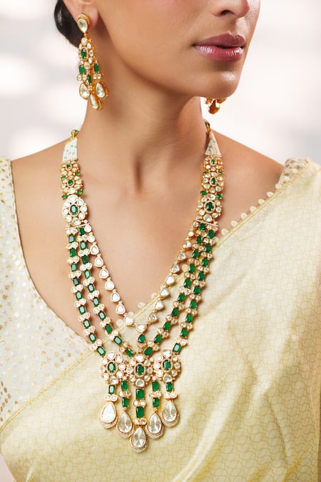 Shop_Zevar By Geeta_Gold Plated Stones, Crystals Moissanite Long Pendant Necklace Set _Online_at_Aza_Fashions