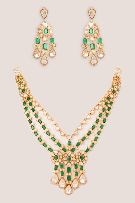 Zevar By Geeta Moissanite Long Pendant Necklace Set 