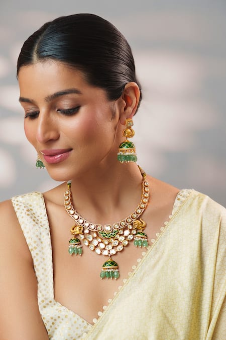 Zevar By Geeta_Gold Plated Gemstones, Pearls Moissanite Embellished Necklace Set _Online_at_Aza_Fashions