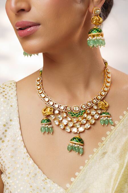 Buy_Zevar By Geeta_Gold Plated Gemstones, Pearls Moissanite Embellished Necklace Set _Online_at_Aza_Fashions