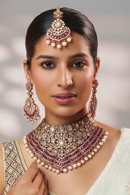 Zevar By Geeta_Gold Plated Stones, Pearls, Crystals Polki Embellished Necklace Set _Online_at_Aza_Fashions