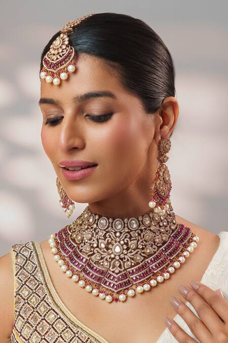 Buy_Zevar By Geeta_Gold Plated Stones, Pearls, Crystals Polki Embellished Necklace Set _Online_at_Aza_Fashions