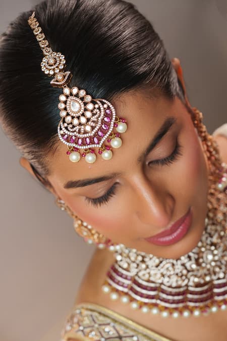 Shop_Zevar By Geeta_Gold Plated Stones, Pearls, Crystals Polki Embellished Necklace Set _Online_at_Aza_Fashions