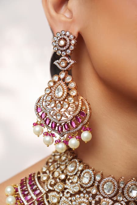 Zevar By Geeta_Gold Plated Stones, Pearls, Crystals Polki Embellished Necklace Set _at_Aza_Fashions