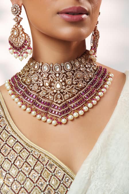 Buy_Zevar By Geeta_Gold Plated Stones, Pearls, Crystals Polki Embellished Necklace Set 