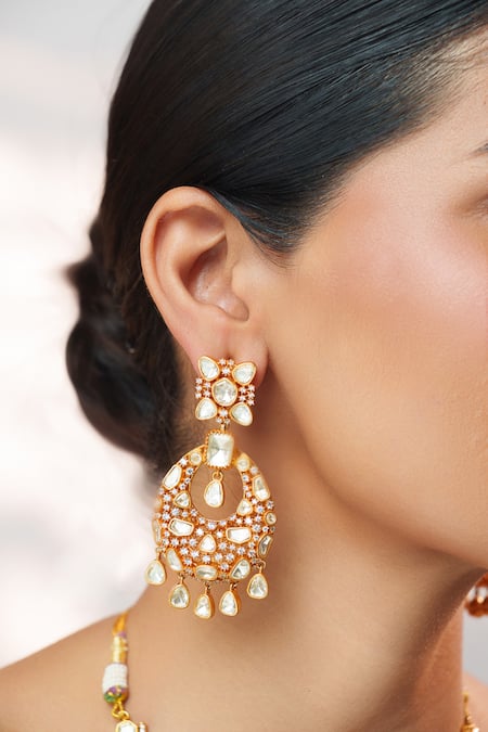 Zevar By Geeta Gold Plated Stones, Crystals Moissanite Long Pendant Necklace Set Online at Aza Fashions Zevar By Geeta_Gold Plated Stones, Crystals Moissanite Long Pendant Necklace Set _Online_at_Aza_Fashions