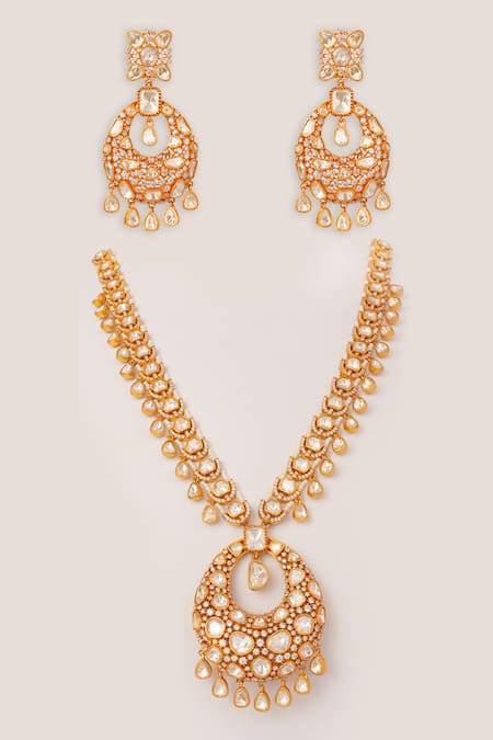 Shop Zevar By Geeta Gold Plated Stones, Crystals Moissanite Long Pendant Necklace Set at Aza Fashions Shop_Zevar By Geeta_Gold Plated Stones, Crystals Moissanite Long Pendant Necklace Set _at_Aza_Fashions