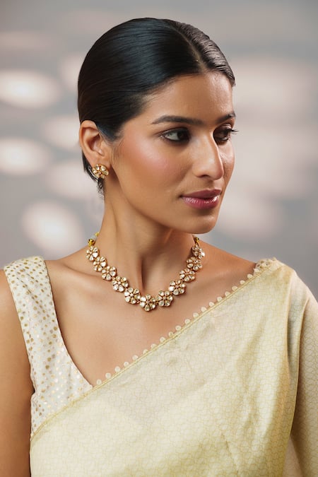Buy_Zevar By Geeta_Gold Plated Stones, Crystals Moissanite Embellished Necklace Set _Online_at_Aza_Fashions