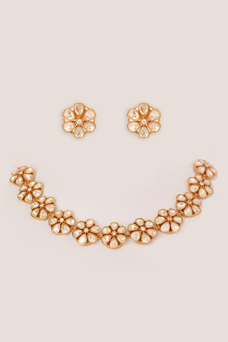 Shop_Zevar By Geeta_Gold Plated Stones, Crystals Moissanite Embellished Necklace Set _at_Aza_Fashions