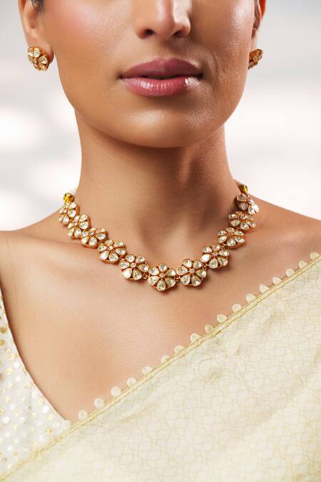 Shop_Zevar By Geeta_Gold Plated Stones, Crystals Moissanite Embellished Necklace Set _Online_at_Aza_Fashions