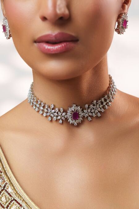 Shop_Zevar By Geeta_Pink Stones, Faux Diamonds Embellished Choker Set _Online_at_Aza_Fashions