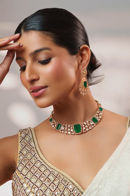 Zevar By Geeta Gold Plated Stones, Crystals Kundan Polki Embellished Necklace Set Online at Aza Fashions Zevar By Geeta_Gold Plated Stones, Crystals Kundan Polki Embellished Necklace Set _Online_at_Aza_Fashions