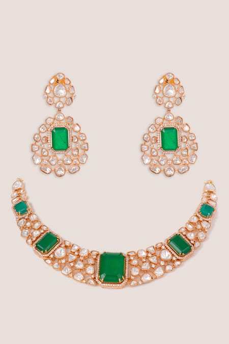 Shop Zevar By Geeta Gold Plated Stones, Crystals Kundan Polki Embellished Necklace Set at Aza Fashions Shop_Zevar By Geeta_Gold Plated Stones, Crystals Kundan Polki Embellished Necklace Set _at_Aza_Fashions