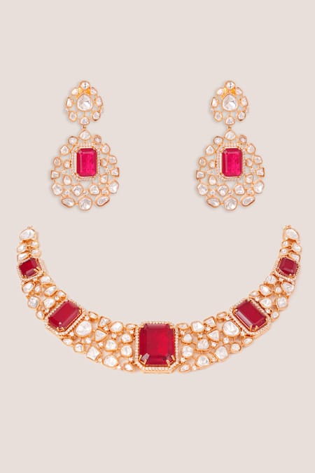 Shop Zevar By Geeta Red Stones, Crystals, Faux Diamonds Kundan Polki Embellished Necklace Set at Aza Fashions Shop_Zevar By Geeta_Red Stones, Crystals, Faux Diamonds Kundan Polki Embellished Necklace Set _at_Aza_Fashions