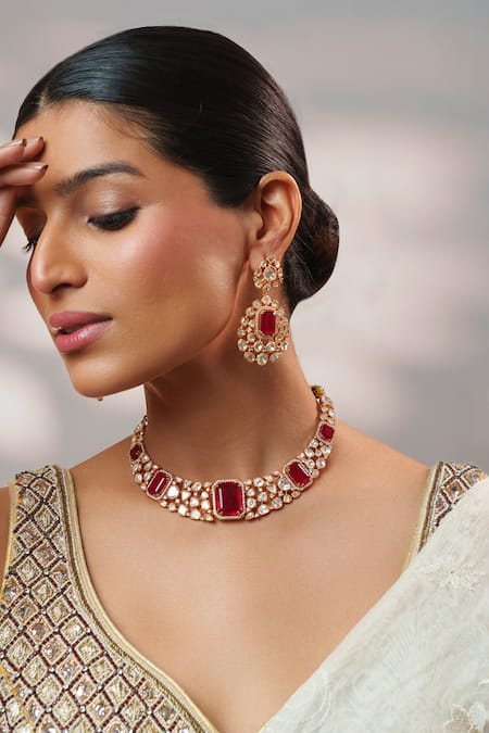 Zevar By Geeta Red Stones, Crystals, Faux Diamonds Kundan Polki Embellished Necklace Set Online at Aza Fashions Zevar By Geeta_Red Stones, Crystals, Faux Diamonds Kundan Polki Embellished Necklace Set _Online_at_Aza_Fashions