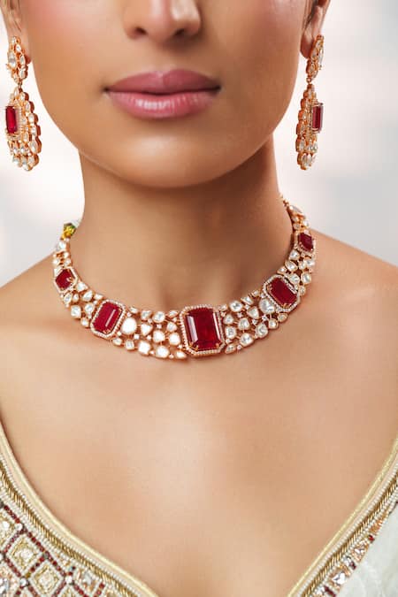 Buy Zevar By Geeta Red Stones, Crystals, Faux Diamonds Kundan Polki Embellished Necklace Set Online at Aza Fashions Buy_Zevar By Geeta_Red Stones, Crystals, Faux Diamonds Kundan Polki Embellished Necklace Set _Online_at_Aza_Fashions