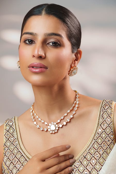 Buy_Zevar By Geeta_Gold Plated Stones, Crystals Kundan Polki Embellished Layered Necklace Set _Online_at_Aza_Fashions