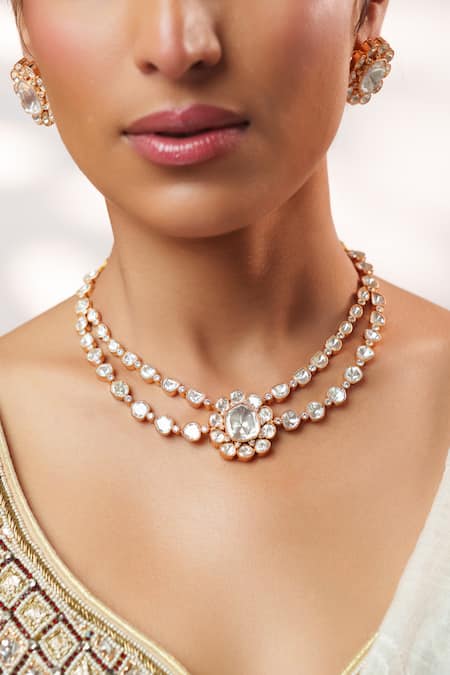 Shop_Zevar By Geeta_Gold Plated Stones, Crystals Kundan Polki Embellished Layered Necklace Set _Online_at_Aza_Fashions