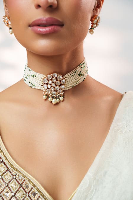 Buy_Zevar By Geeta_White Stones, Pearls Kundan Embellished Choker Set _Online_at_Aza_Fashions