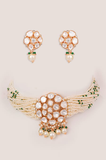Shop_Zevar By Geeta_White Stones, Pearls Kundan Embellished Choker Set _at_Aza_Fashions
