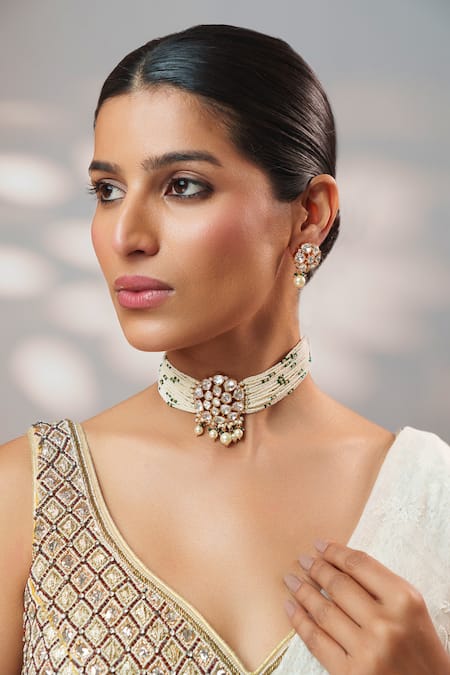 Zevar By Geeta White Stones, Pearls Kundan Embellished Choker Set 