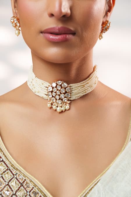 Zevar By Geeta Gold Plated Stones, Pearls, Crystals Kundan Studded Choker Set Online at Aza Fashions Zevar By Geeta_Gold Plated Stones, Pearls, Crystals Kundan Studded Choker Set _Online_at_Aza_Fashions