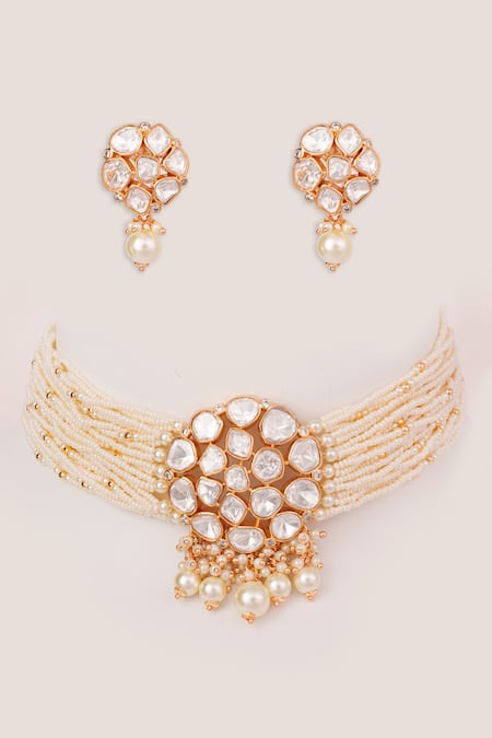 Shop Zevar By Geeta Gold Plated Stones, Pearls, Crystals Kundan Studded Choker Set at Aza Fashions Shop_Zevar By Geeta_Gold Plated Stones, Pearls, Crystals Kundan Studded Choker Set _at_Aza_Fashions