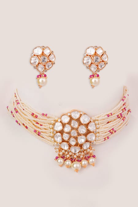 Shop Zevar By Geeta Multi Color Pearls, Stones, Beads Kundan Studded Choker Set at Aza Fashions Shop_Zevar By Geeta_Multi Color Pearls, Stones, Beads Kundan Studded Choker Set _at_Aza_Fashions