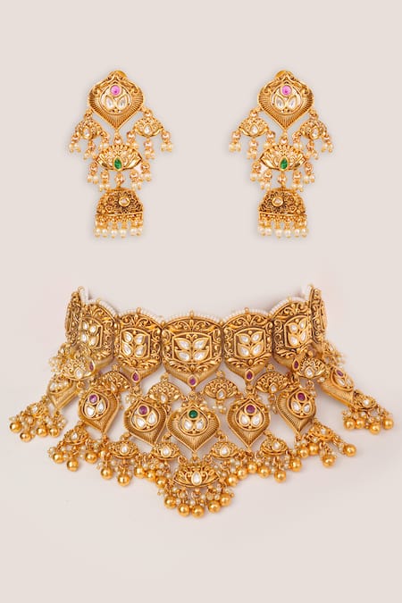 Shop Zevar By Geeta Gold Plated Stones, Pearls, Crystals Kundan Temple Necklace Set at Aza Fashions Shop_Zevar By Geeta_Gold Plated Stones, Pearls, Crystals Kundan Temple Necklace Set _at_Aza_Fashions