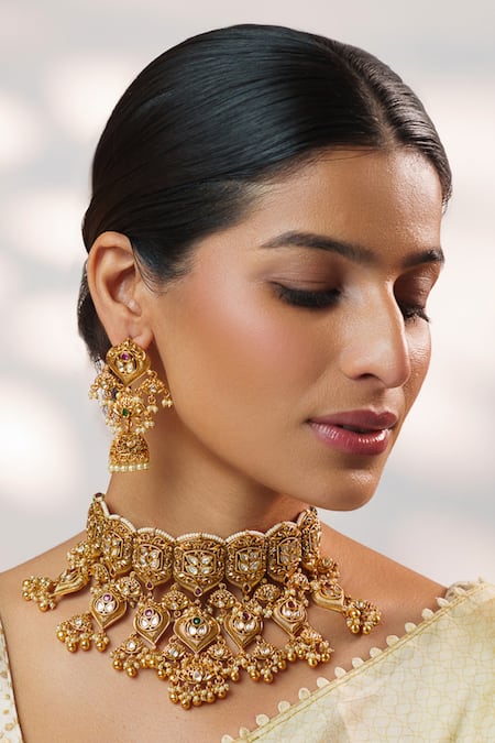 Buy Zevar By Geeta Gold Plated Stones, Pearls, Crystals Kundan Temple Necklace Set Online at Aza Fashions Buy_Zevar By Geeta_Gold Plated Stones, Pearls, Crystals Kundan Temple Necklace Set _Online_at_Aza_Fashions