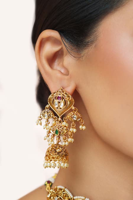 Shop Zevar By Geeta Gold Plated Stones, Pearls, Crystals Kundan Temple Necklace Set Online at Aza Fashions Shop_Zevar By Geeta_Gold Plated Stones, Pearls, Crystals Kundan Temple Necklace Set _Online_at_Aza_Fashions