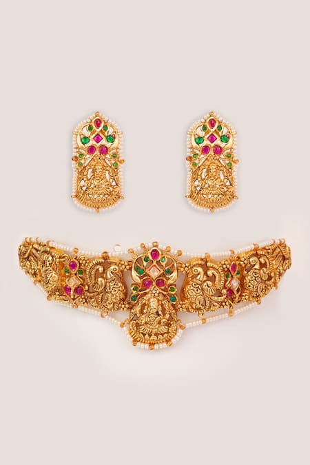 Shop Zevar By Geeta Gold Plated Stones, Pearls, Crystals Kundan Embellished Temple Choker Set at Aza Fashions Shop_Zevar By Geeta_Gold Plated Stones, Pearls, Crystals Kundan Embellished Temple Choker Set _at_Aza_Fashions