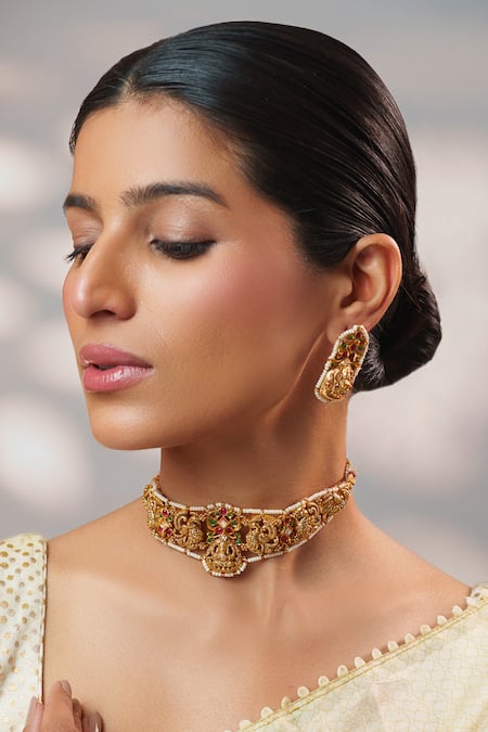 Buy Zevar By Geeta Gold Plated Stones, Pearls, Crystals Kundan Embellished Temple Choker Set Online at Aza Fashions Buy_Zevar By Geeta_Gold Plated Stones, Pearls, Crystals Kundan Embellished Temple Choker Set _Online_at_Aza_Fashions