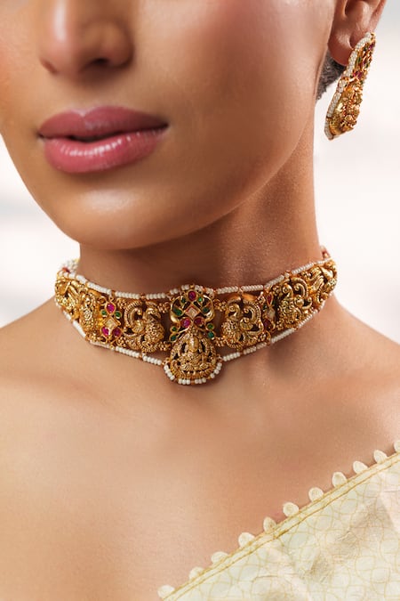 Shop Zevar By Geeta Gold Plated Stones, Pearls, Crystals Kundan Embellished Temple Choker Set Online at Aza Fashions Shop_Zevar By Geeta_Gold Plated Stones, Pearls, Crystals Kundan Embellished Temple Choker Set _Online_at_Aza_Fashions