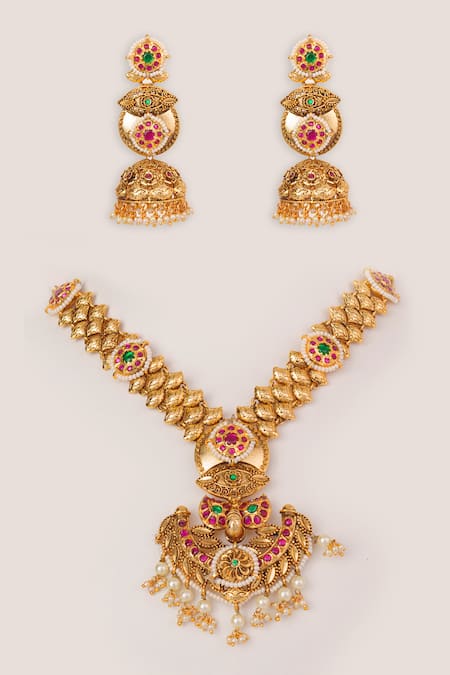 Zevar By Geeta Kundan Embellished Temple Necklace Set 