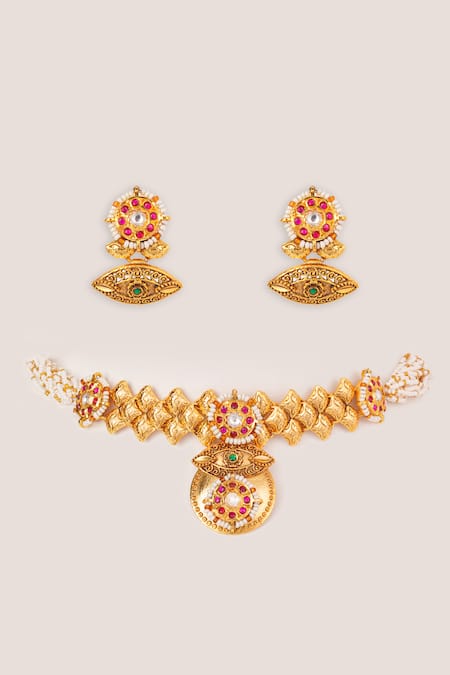 Zevar By Geeta Kundan Studded Temple Choker Set 