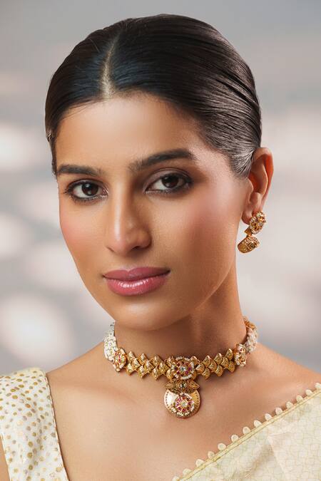 Zevar By Geeta_Gold Plated Stones, Pearls, Crystals Kundan Studded Temple Choker Set _Online_at_Aza_Fashions