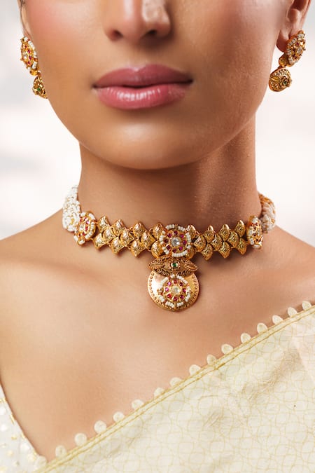 Shop_Zevar By Geeta_Gold Plated Stones, Pearls, Crystals Kundan Studded Temple Choker Set _Online_at_Aza_Fashions