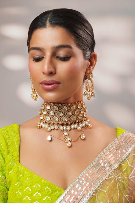 Zevar By Geeta Gold Plated Gemstones, Pearls, Moissanite And Polki Choker Set Online at Aza Fashions Zevar By Geeta_Gold Plated Gemstones, Pearls, Moissanite And Polki Choker Set _Online_at_Aza_Fashions