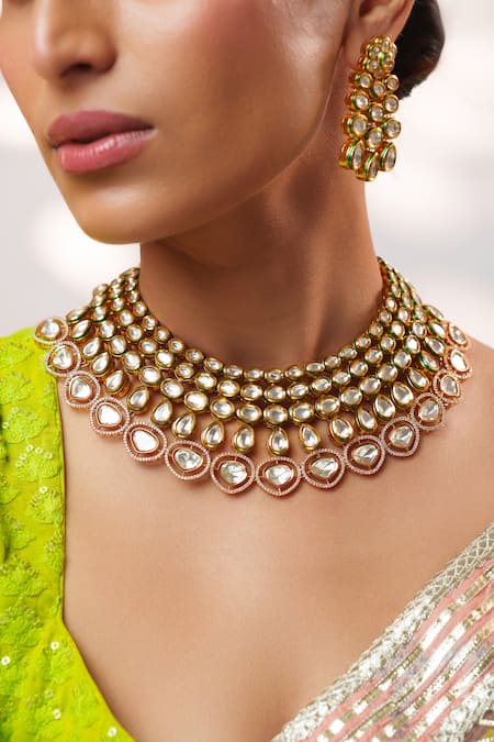 Buy_Zevar By Geeta_Gold Plated Stones, Crystals Kundan And Polki Necklace Set _Online_at_Aza_Fashions