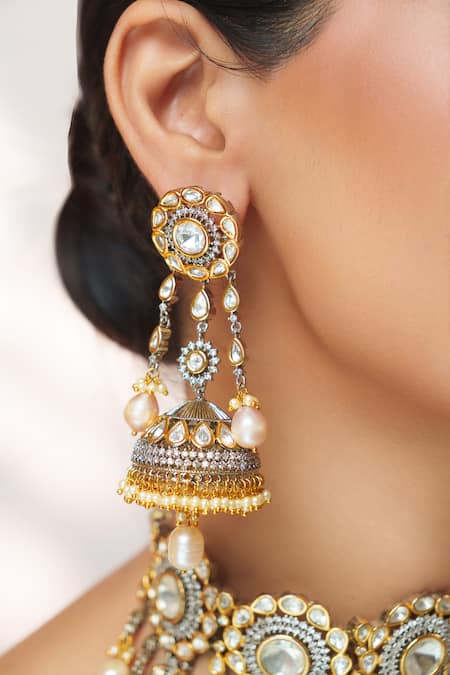 Zevar By Geeta_Gold Plated Pearls, Stones, Crystals Kundan And Polki Tassel Drops Necklace Set _Online_at_Aza_Fashions